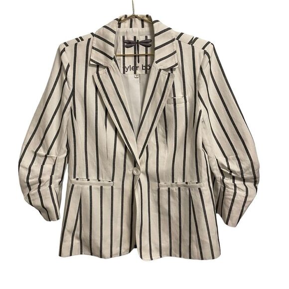 Tyler Boe Ruched Sleeve Linen Cotton Blend Single Button Blazer Navy White Sz 4 - Picture 1 of 7